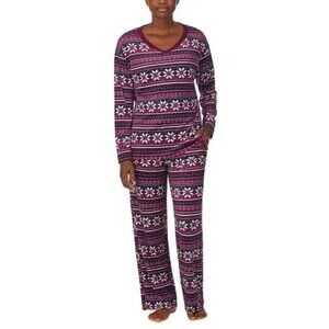 Nautica Women's 2 Piece Cozy Silky Fleece Navy Burgundy Snowflake Pajamas M